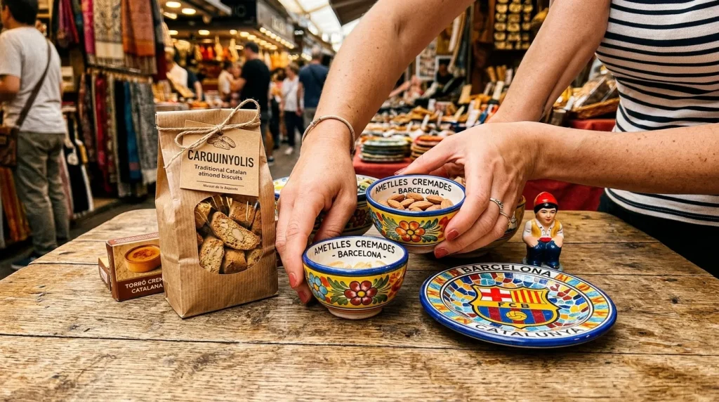 Tradiční katalánské suvenýry z Barcelony včetně keramiky a vína Cava