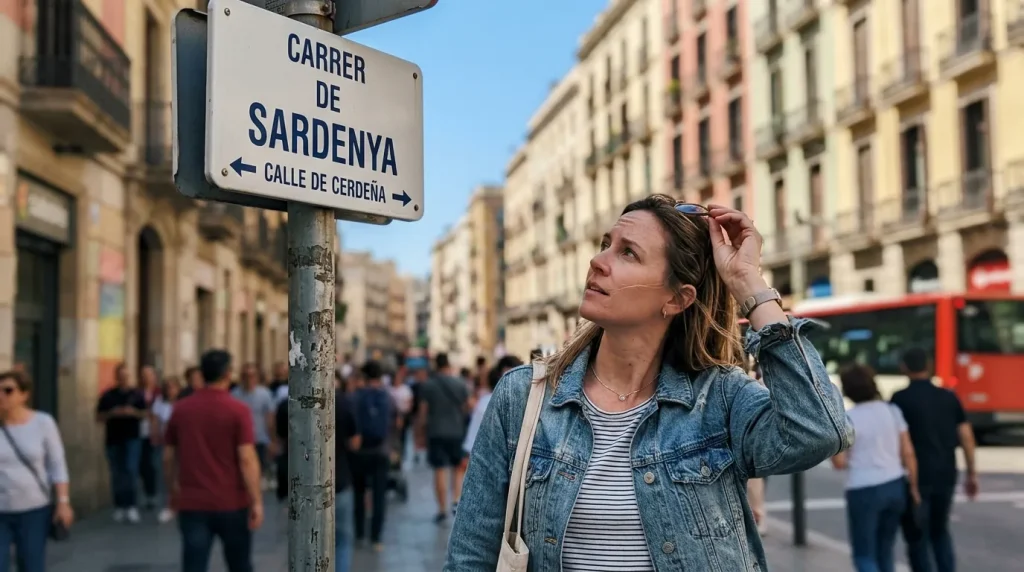 Turista leyendo un mapa bilingüe en las calles de Barcelona