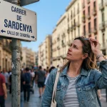 Turista leyendo un mapa bilingüe en las calles de Barcelona