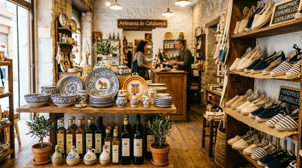 Barcelona Stuff to Buy: The 'Anti-Tourist' Guide to Authentic Souvenirs 1 Authentic Barcelona stuff to buy including Catalan ceramics, local olive oil, and handmade espadrilles displayed in a local boutique.