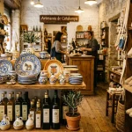 Authentic Barcelona stuff to buy including Catalan ceramics, local olive oil, and handmade espadrilles displayed in a local boutique.