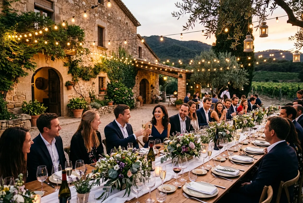 Analizamos 25 Locales en Barcelona: Dónde Celebrar tus 40 (Precios Reales) 2 Mesa exterior elegante en Masía del Penedès para cumpleaños 40