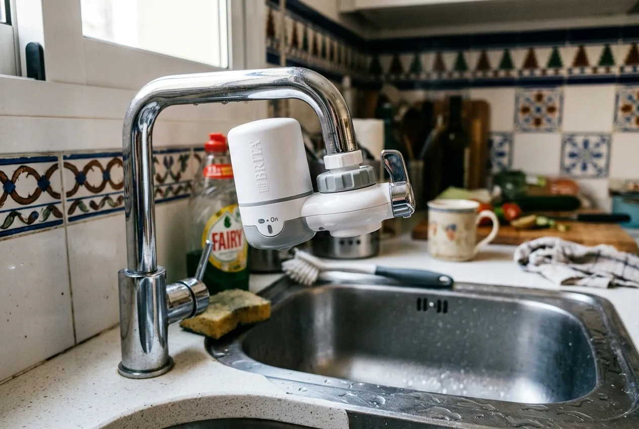 Calidad agua grifo Barcelona potable: La verdad sobre su sabor y seguridad en 2026 2 Filtro doméstico instalado en un grifo de cocina en Barcelona
