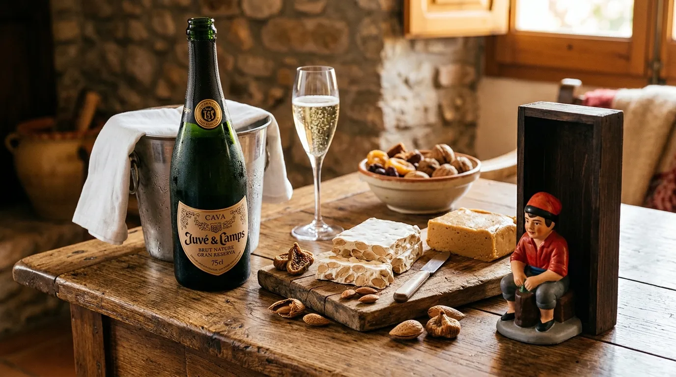 Barcelona Stuff to Buy: The 'Anti-Tourist' Guide to Authentic Souvenirs 2 Traditional Spanish and Catalan souvenirs like Turrón, Cava, and a Caganer figurine on a wooden table.